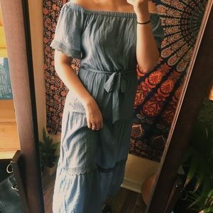 the most beautiful off the shoulder blue dress!!